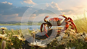 Photorealistic Rendering Of Crab Grazing In Lively Coastal Landscape