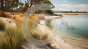 Photorealistic Rendering Of Grass-covered Beach Near A Lake