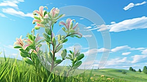 Photorealistic Rendering Of Pink Alstroemeria In A Bright Green Field