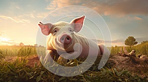 Photorealistic Rendering Of A Playful Pig Grazing In A Colorized Field