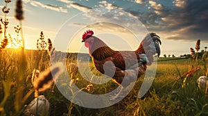 Photorealistic Rendering Of Rooster Grazing In Field At Sunset