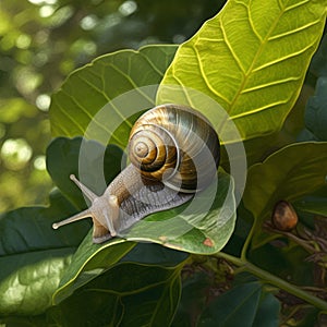 Photorealistic Rendering Of Snail On Green Leaf By David Ligare