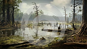 Photorealistic Renderings Of A Fog-covered Swamp In Rocky Lake Bank