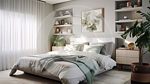 Photorealistic Renderings Of A White And Green Bedroom With Soft Color Palette