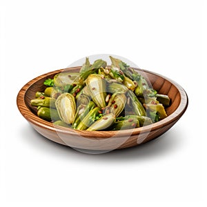 Photorealistic Sauteed Vegetables In Wooden Bowl On White Background