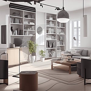 A photorealistic scandinavian living room with raytracing lighting