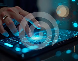 Photorealistic scene of a person using a biometric scanner to access their digital wallet, sleek device reflecting details photo