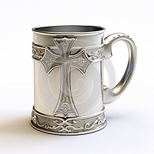 Photorealistic Silver Mug With Cross: A Darkly Humorous Gothic Masterpiece
