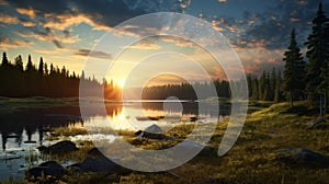 Photorealistic Sunset On Lake In Forest: Unreal Engine Stock Photo