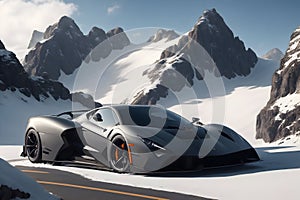 A photorealistic supercar parked atop a snow-capped mountain peak generated by Ai