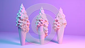 Photorealistic surrealism style ice cream cones displayed on a colour pastel  backdrop, creating an artistic composition.