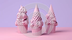 Photorealistic surrealism style ice cream cones displayed on a colour pastel  backdrop, creating an artistic composition.