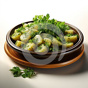 Photorealistic Turnip Dish With Green Okra On Wooden Plate