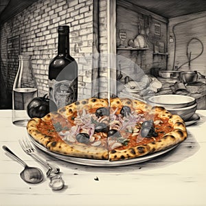 Photorealistic Urban Sketch Of Pizza And Utensils