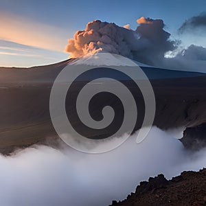 Photorealistic volcano with smokey plumes