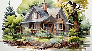 Photorealistic Watercolor Painting Of Woodland House photo