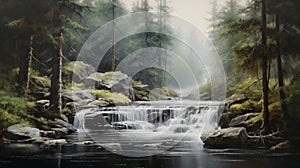 Photorealistic Wildlife Art: A Captivating Painting Of A Misty Waterfall In The Woods