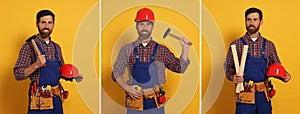 Photos of builder with construction tools on orange background, collage design