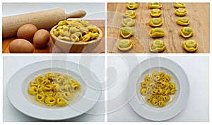 Photos collage step by step instructions for making Italian Tortellini in brodo. photo