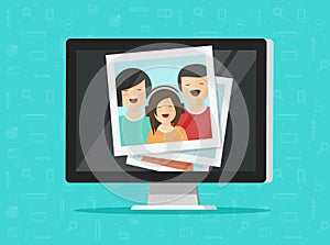 Photos on computer screen vector illustration, flat cartoon photo cards on pc display, idea of photography gallery