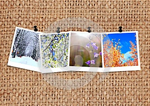 Photos of four seasons attached to sacking. Photograph of seasons on fabric