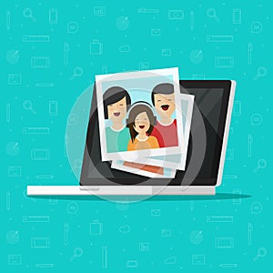 Photos on laptop computer screen vector illustration, flat cartoon photo cards on pc display, idea of photography