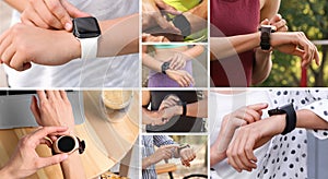 Photos of people with smart watches, closeup. Collage design