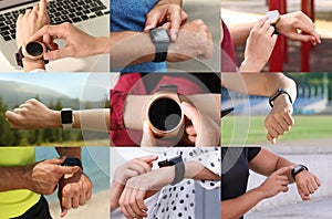 Photos of people with smart watches, closeup. Collage design