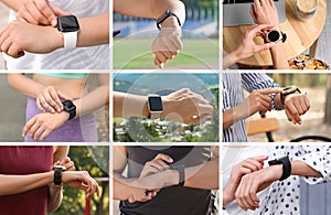 Photos of people with smart watches, closeup view. Collage design