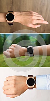 Photos of people with smart watches, closeup. Collage design