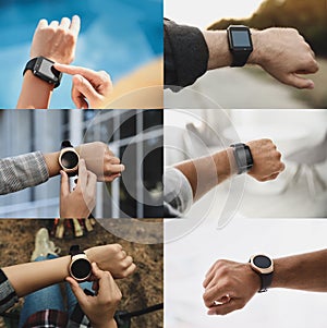 Photos of people using different smart watches, closeup. Collage design