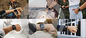 Photos of people using different smart watches, closeup. Collage design