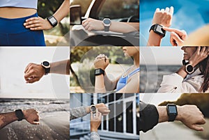 Photos of people using different smart watches, closeup. Collage design