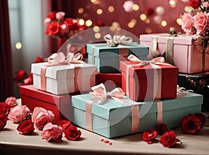 Photos of stylish gift boxes ready to be exchanged on Valentine\'s Day.