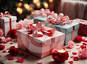 Photos of stylish gift boxes ready to be exchanged on Valentine\'s Day.