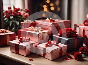 Photos of stylish gift boxes ready to be exchanged on Valentine\'s Day.