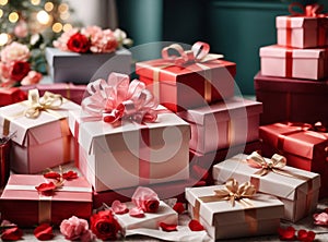 Photos of stylish gift boxes ready to be exchanged on Valentine\'s Day.