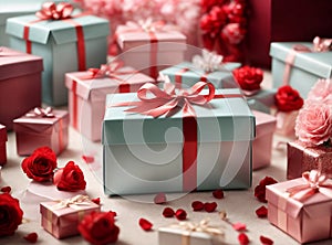 Photos of stylish gift boxes ready to be exchanged on Valentine\'s Day.