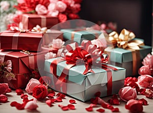 Photos of stylish gift boxes ready to be exchanged on Valentine\'s Day.