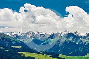 The clouds, snow mountains and forests photo