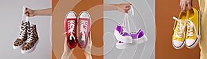 Photos of women with stylish sneakers on different color backgrounds, collage design