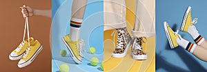 Photos of women in stylish sneakers on different color backgrounds, collage design