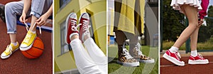 Photos of women in stylish sneakers outdoors, collage design