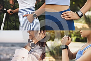 Photos of women using different smart watches, closeup. Collage design