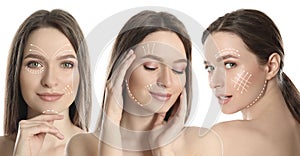 Photos of young woman with lifting marks on face against background, collage. Cosmetic surgery