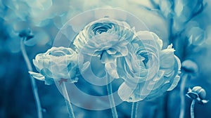 Photosensitive sun print photography or cyanotype of Ranunculus bouquet. Herbarium concept. Generative AI photo