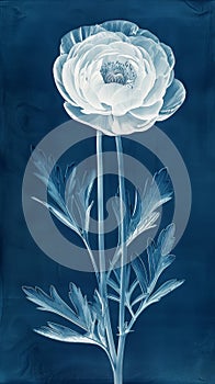 Photosensitive sun print photography or cyanotype of single Ranunculus. Herbarium concept. Generative AI photo