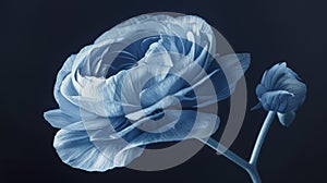 Photosensitive sun print photography or cyanotype of single Ranunculus. Herbarium concept. Generative AI photo