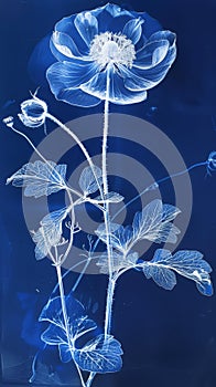 Photosensitive sun print photography or cyanotype of single Ranunculus. Herbarium concept. Generative AI photo