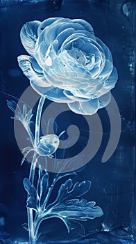 Photosensitive sun print photography or cyanotype of single Ranunculus. Herbarium concept. Generative AI photo